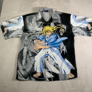 ZEN Shirt Mens XL Black‎ Anime Samurai Graphic Short Sleeve Button Up Casual